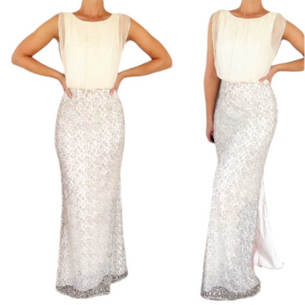 Aidan Mattox white silver lace embroidered sequin draped top gown size 4